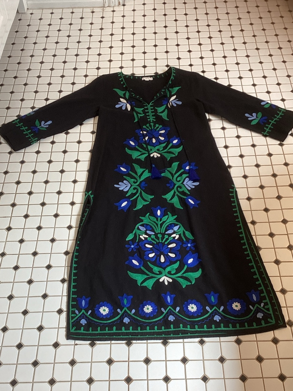 Roller Rabbit Black Midi Dress with Blue & Green Floral Embroidery